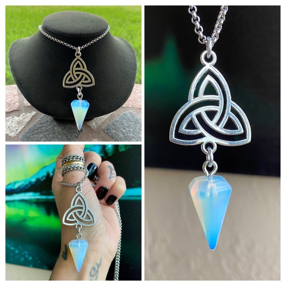 Handmade Celtic knot triangle & opalite pendulum stainless steel chain necklace - Picture 1 of 11